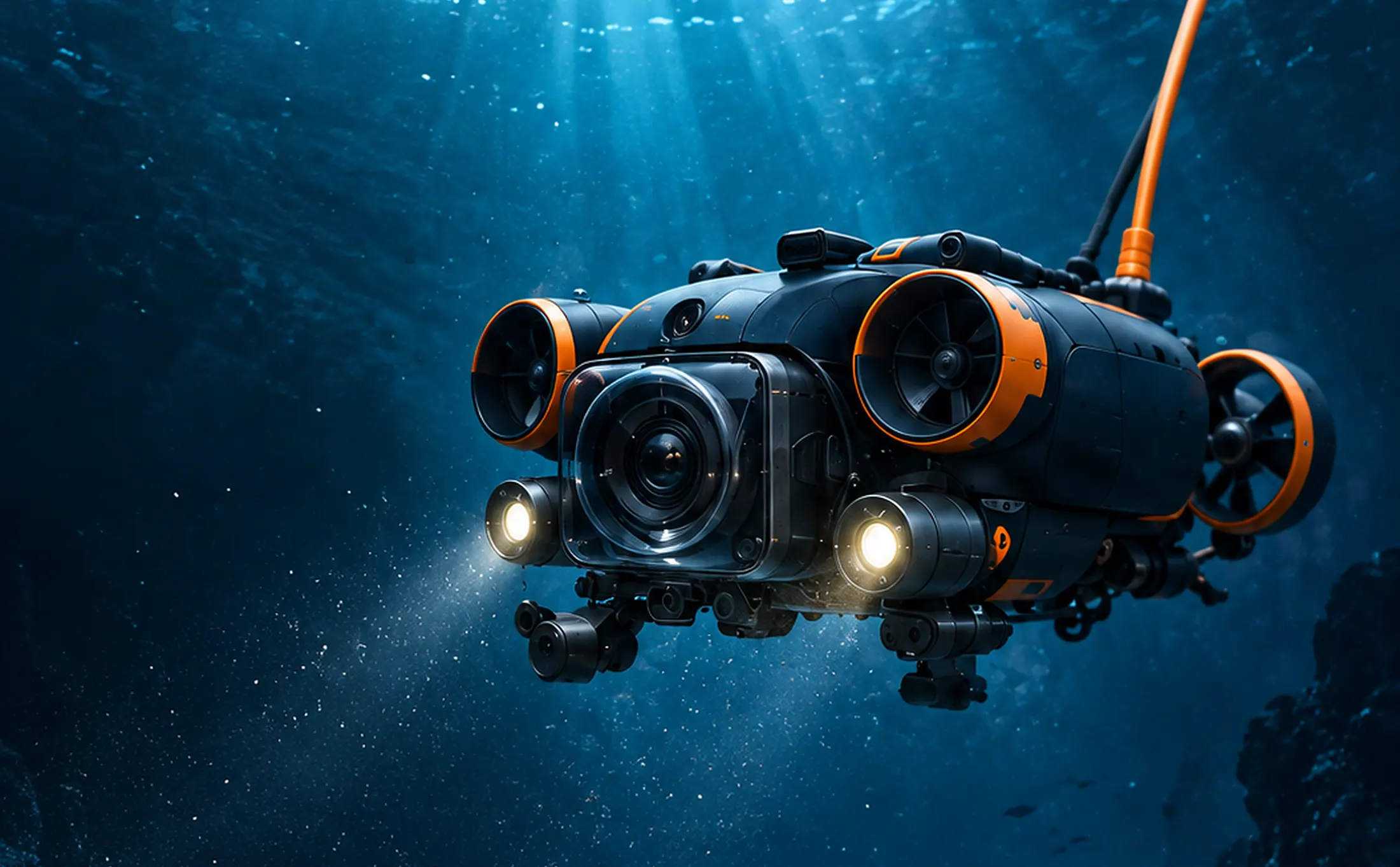 Le ROV NÉRÉO Triton X5 en pleine eau, projecteurs allumés, relié à la surface par son ombilical orange.