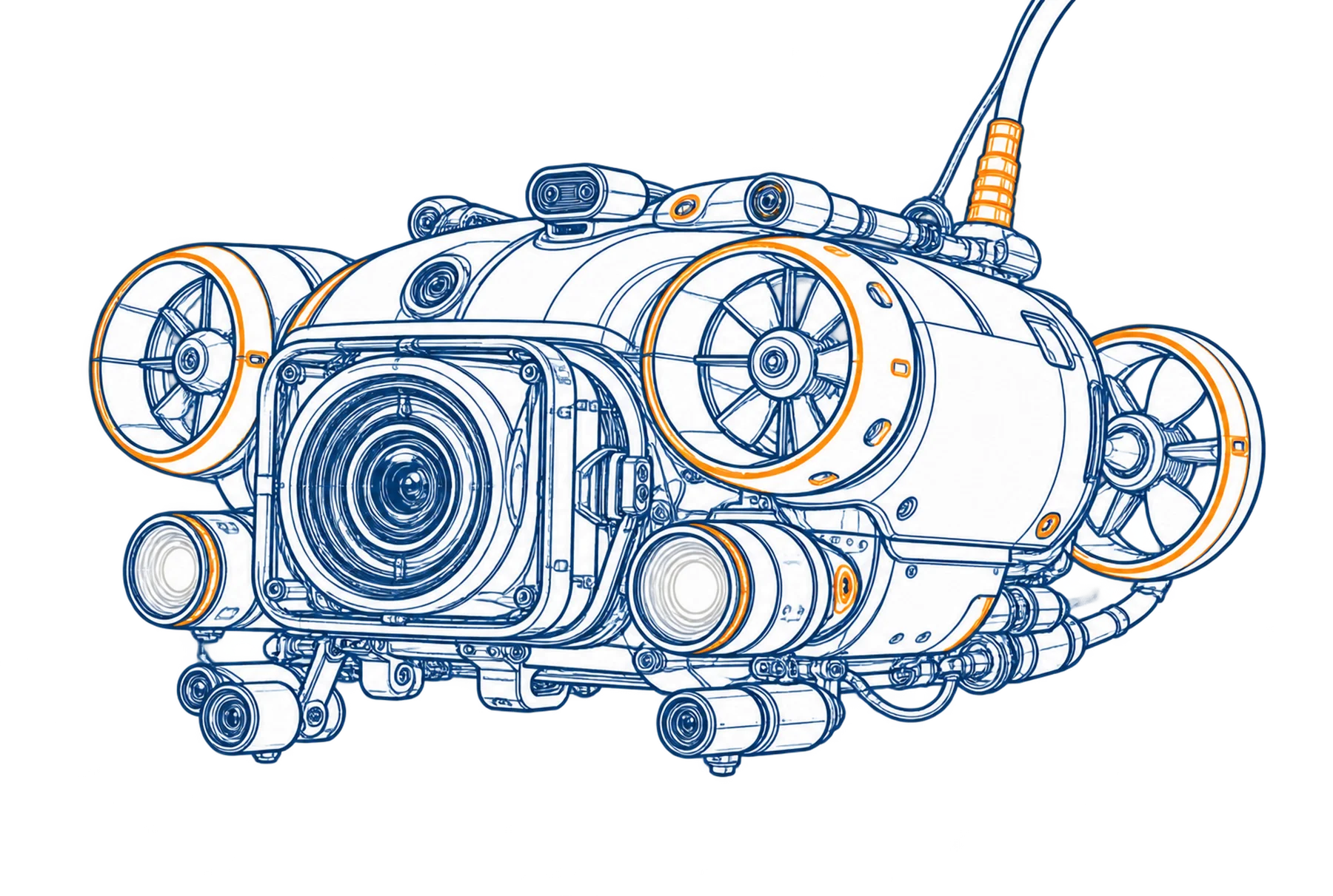 Dessin technique du Triton X5 vu de trois quarts : caméra centrale, propulseurs, projecteurs et ombilical.